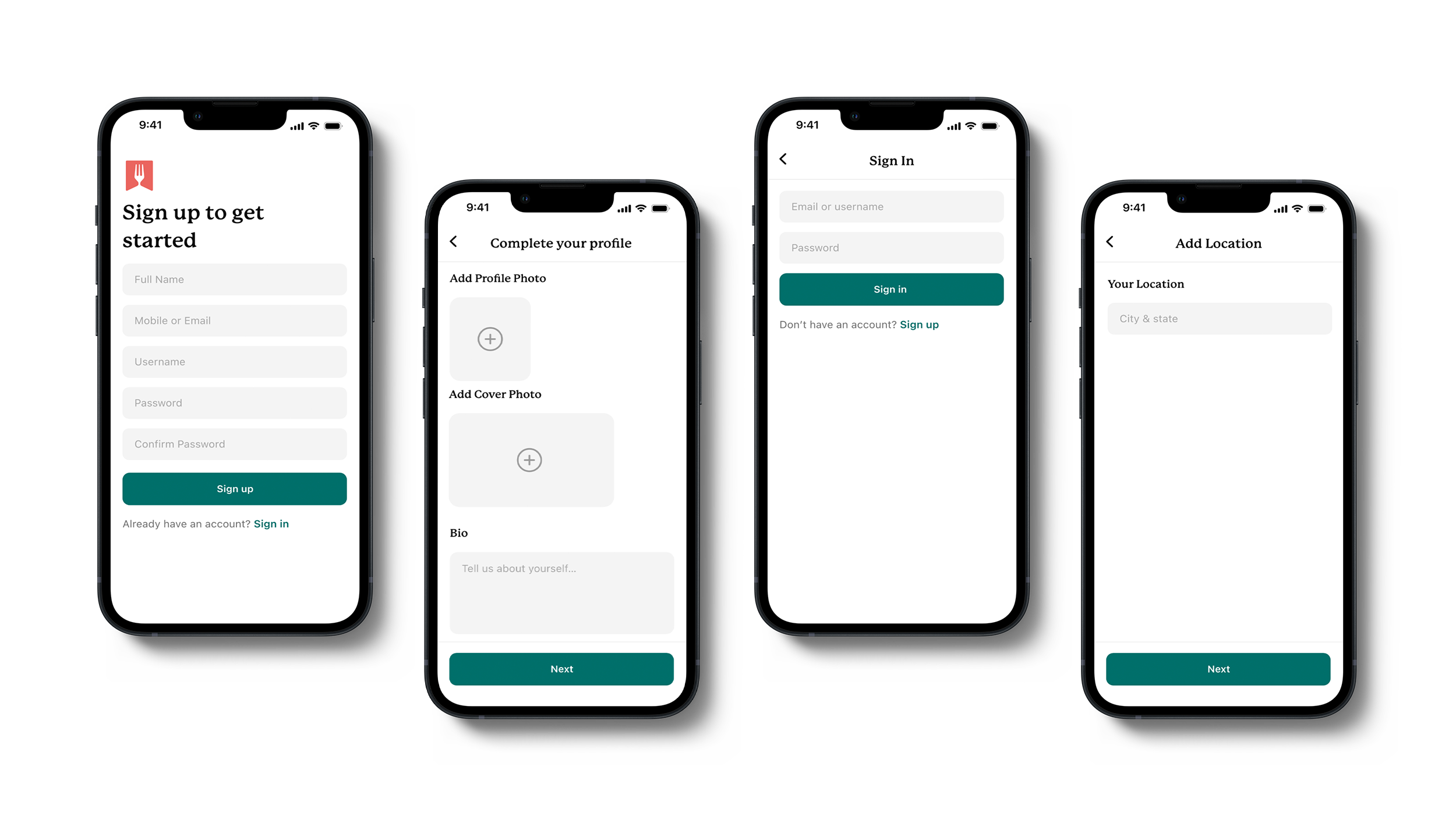 BiteMap sign-up and login screens